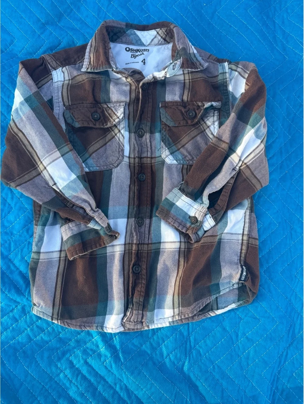 OshKosh B'gosh Plaid Flannel Button Down Shirt Brown Teal Cream Kid's Size 4